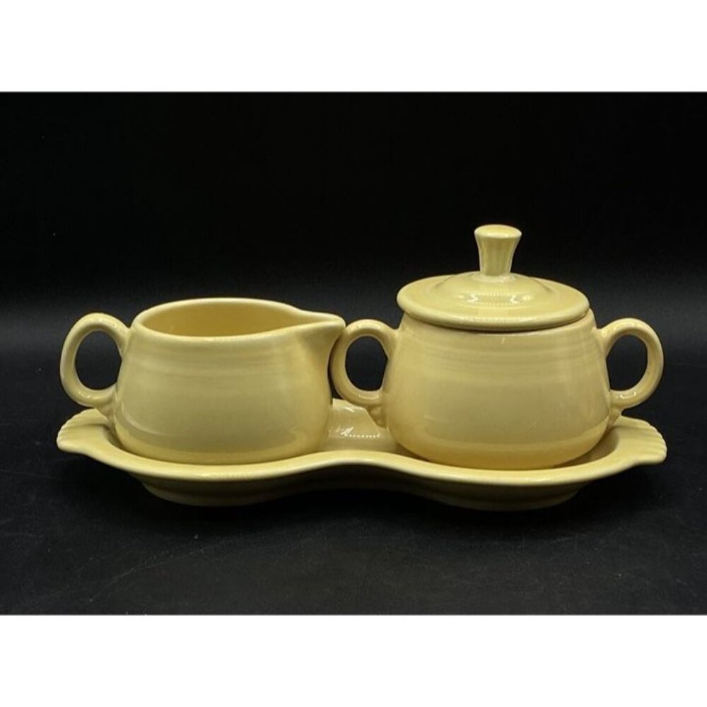 Fiesta Sugar Bowl & Creamer w Base Plate Set Sunflower Yellow - Picture 8 of 11